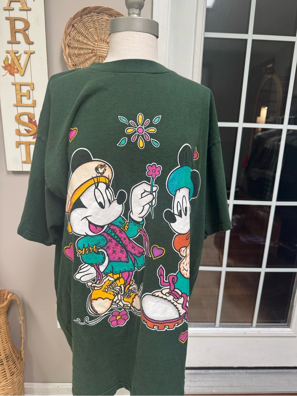 Vintage 90s Mickey Unlimited Jerry Leigh Mickey Minnie Flower T Shirt Green